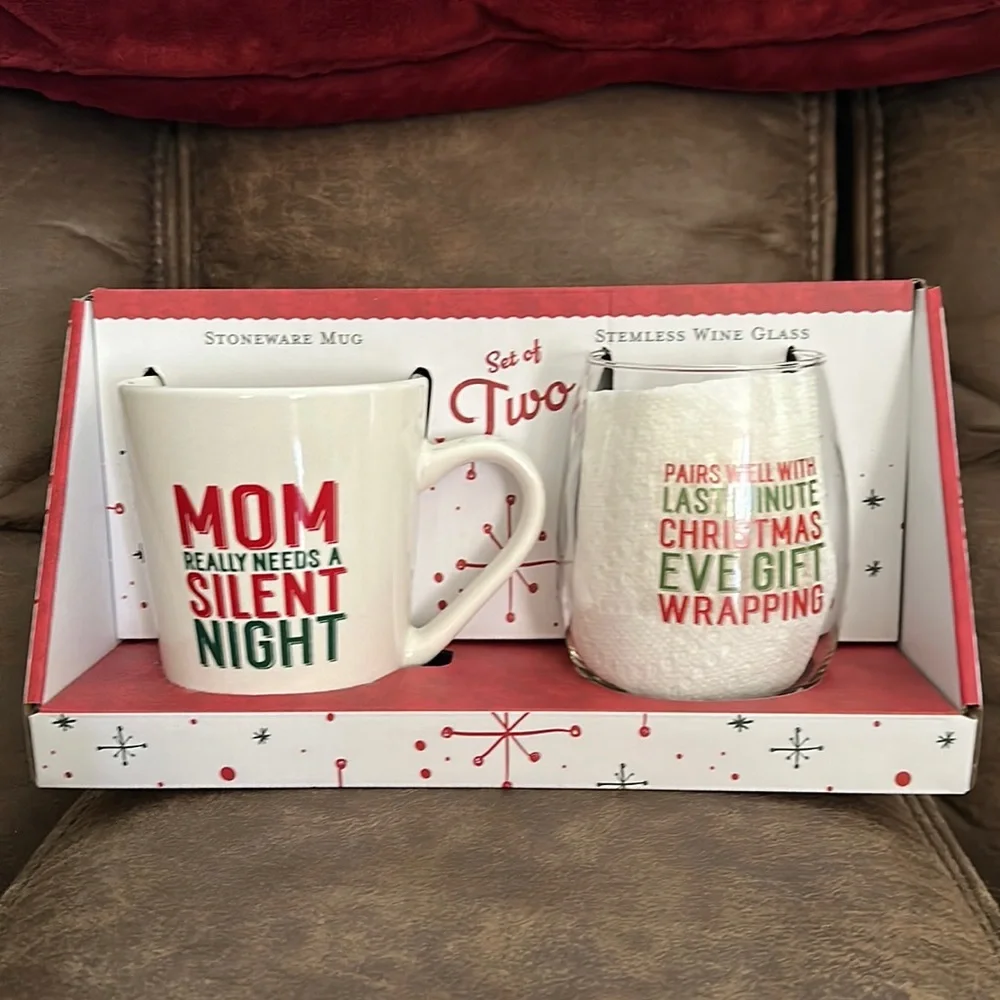 Mom Christmas coffee mug  and stemless wine glass gift set